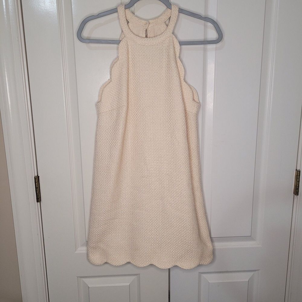 Fab'rik Halter Dress Womens Small Cream Button Back Gold Flecks  Scalloped‎ NWT